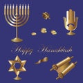 Golden symbols of hanukkah against blue background
